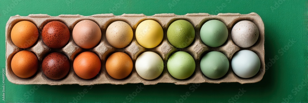 Aufkleber colored eggs arranged in a recycled paper box on a vibrant green background inviting springtime and 