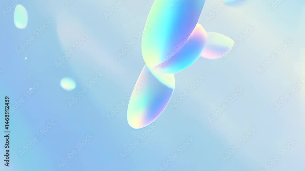 Poster abstract holographic iridescent shapes floating on light blue background with rainbow gradient effec