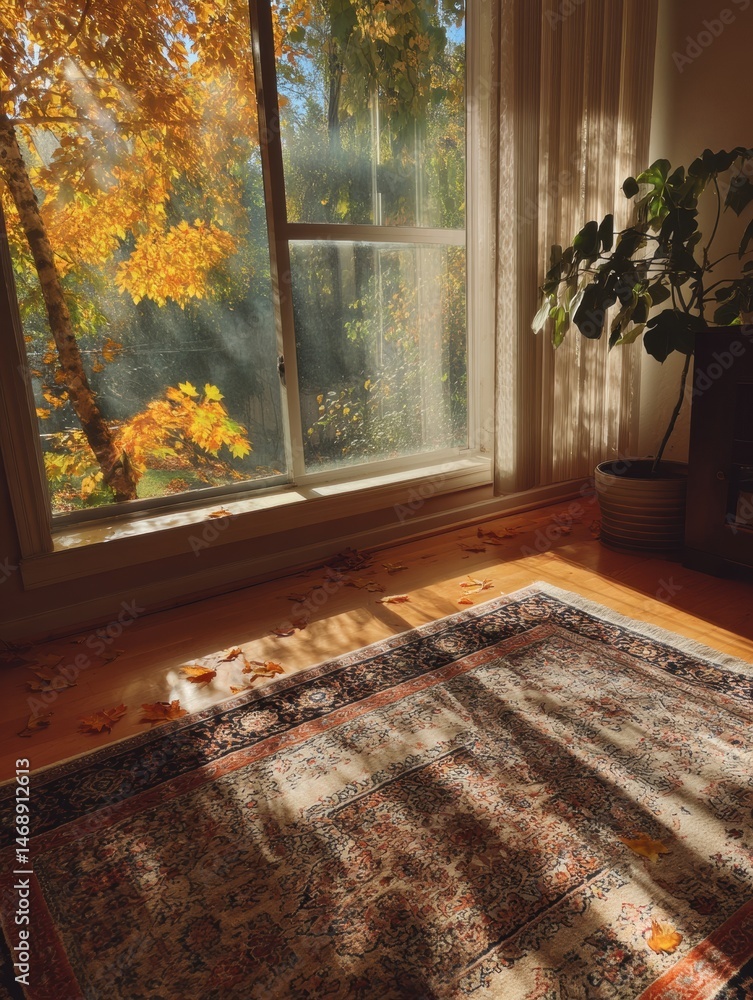 Poster warm autumn light illuminating a cozy room with a rug and a view of colorful leaves outside the wind