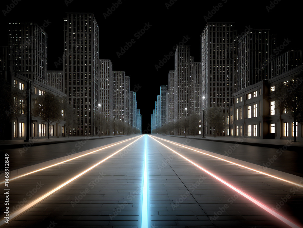 Poster a dark cyberpunk-inspired 3d illustration with neon blue and pink lines creating a dense network of 