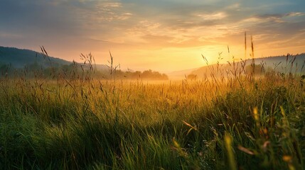 Fototapeta premium Serene Meadow at Sunrise with Calm Environment and Beautiful Sky