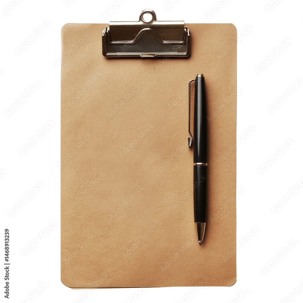 Poster a small brown clipboard with a pen placed on a transparent background ready for notes and organizing