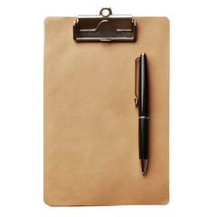 A small brown clipboard with a pen placed on a transparent background ready for notes and organizing tasks, Small brown clipboard with pen. Single clipboardwriting board with papers