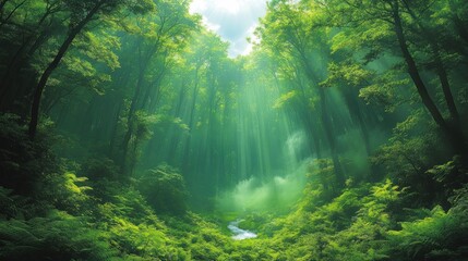 Obraz premium Enchanted Forest: Sunbeams Dance Through Lush Greenery