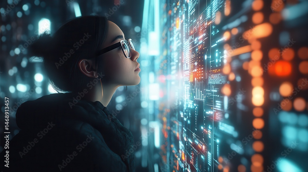 Poster a focused individual gazes thoughtfully at a digital interface, surrounded by glowing data points an