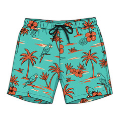Colorful tropical patterned swim shorts illustration without background
