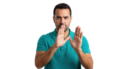 Man making stop gesture transparent background