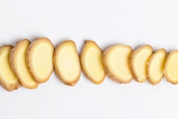 Fresh ginger root cut into slices on white background
