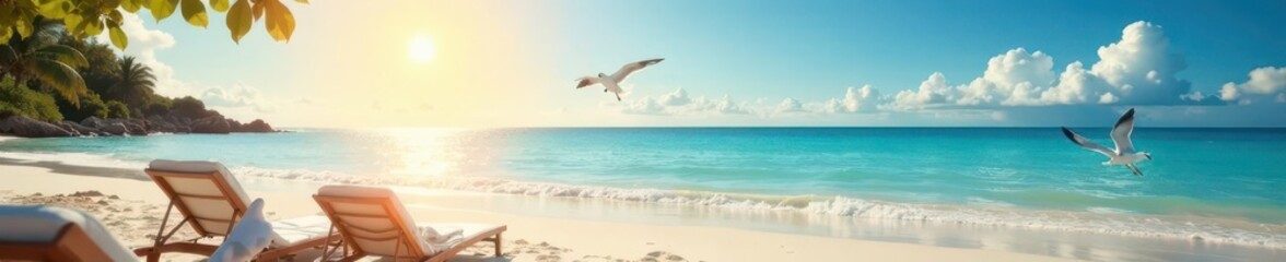 Fototapeta premium Vibrant beach scene with sun, sand, and seagulls, holiday, design