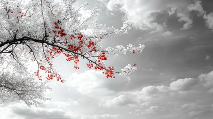 Beautiful cherry tree branch displaying vibrant red berries against a monochrome sky with soft clouds creating a peaceful and serene natural scene