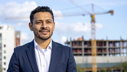 An urban industrial site where a high-rise building is being constructed with a crane moving on the background of a man in a suit