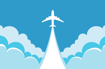 Airplane takeoff with clouds and background for text. Abstract air path of flight airplane. Vector white airplane flying up in the cloudy sky on blue sky. Vector illustration.