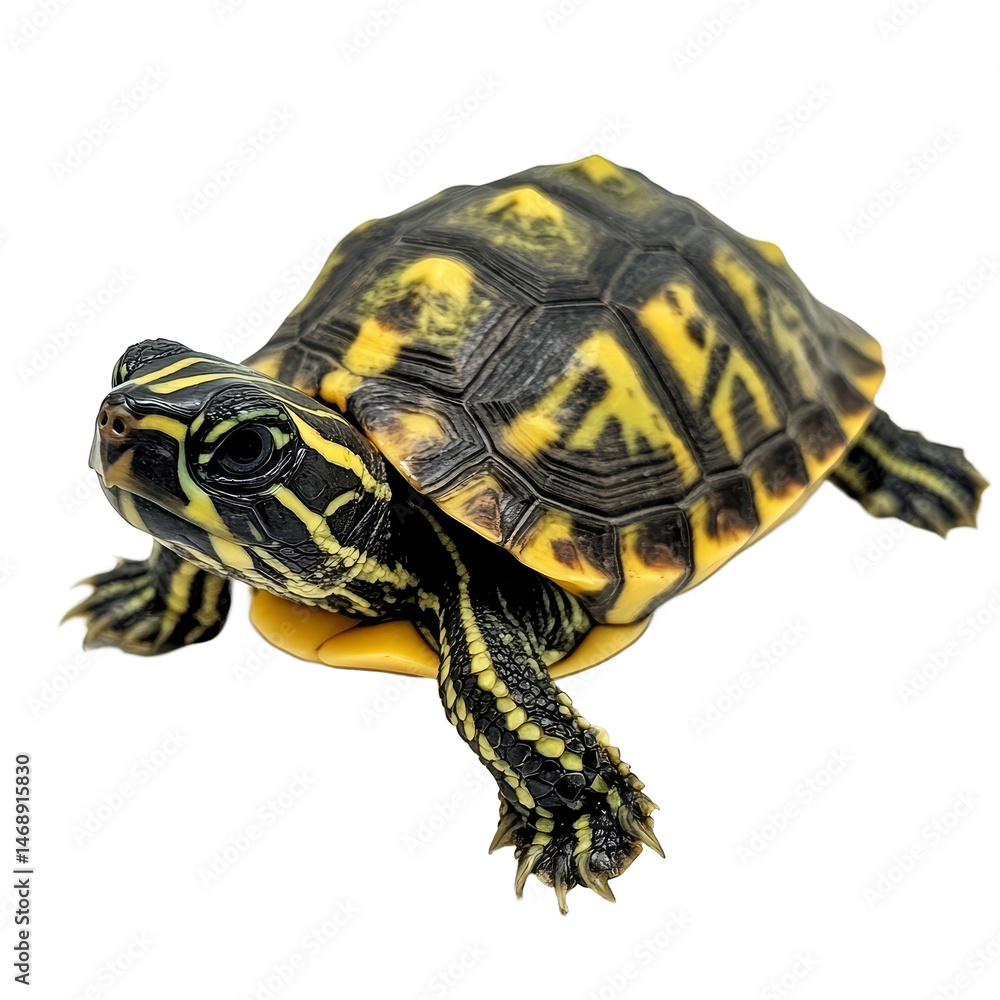 Poster a colorful turtle resting on a clean transparent background with intricate shell patterns and a curi