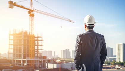 An urban industrial site where a high-rise building is being constructed with a crane moving on the background of a man in a suit