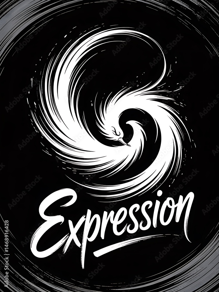 Poster a dynamic black and white graphic art featuring a swirling swan form with the word 'expression'.