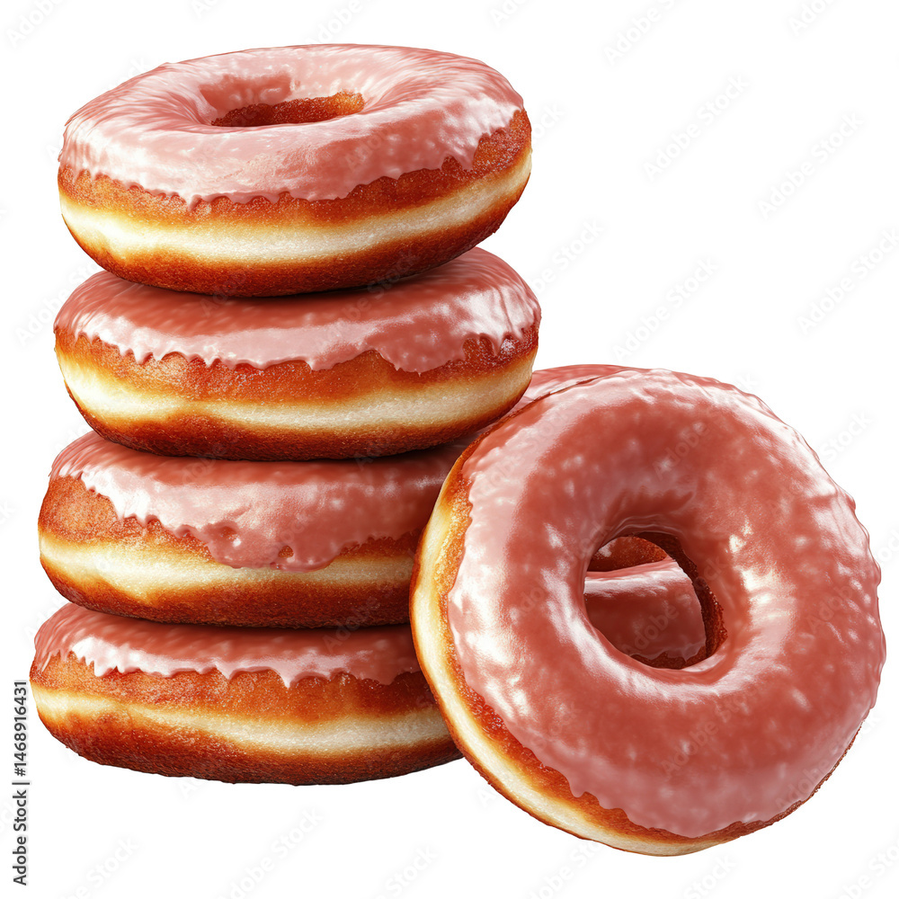 Poster towering stack of colorful donuts with various toppings displayed against a bright background, ideal