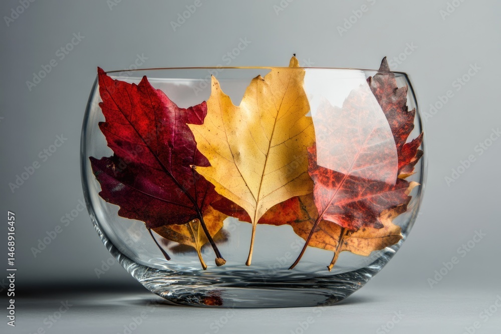 Poster autumn leaves of red and yellow are displayed in a transparent vase against a neutral background, cr