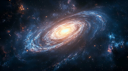 Obraz premium Spiral galaxy, vibrant cosmic display in deep space.