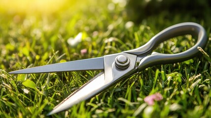 Obraz premium Pair of pruning shears reflecting sunlight on green grass