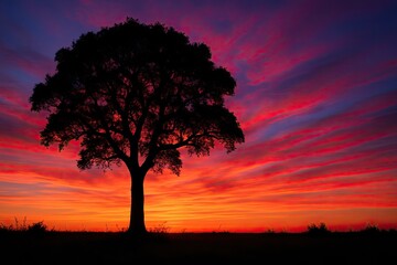 Fototapeta premium Majestic Tree Silhouette Against Vivid Sunset Sky with Colors