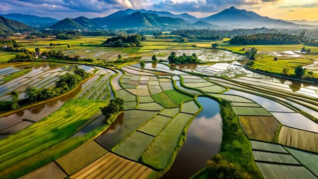 Tranquil aerial view of winding waterways through a vibrant patchwork of farmlands beneath a majestic mountain range.