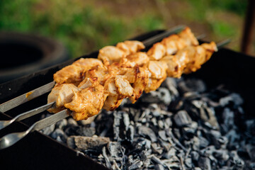 Fresh meat for barbecue, fried on fire. Selective focus. Cooking barbecue on the grill with smoke. Picnic in nature. Healthy food and proper nutrition.