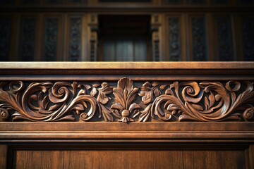 Detailed carving of leaves and swirls on a wooden surface, dark wood in the background, detailed wood work, elegant and warm tones.