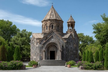 Fototapeta premium Armenian Stone Church: Serene Architecture under a Sunny Sky