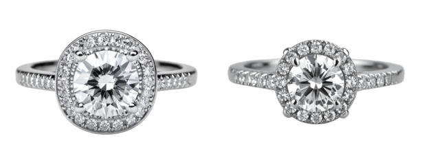  white gold ring with a large, round diamond in the center, surrounded by small diamonds, on a transparent background