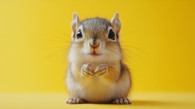 Close-up view of a tiny chipmunk against a vibrant yellow backdrop. - Powered by Adobe