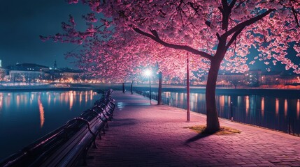 Night urban view with japanese cherry tree blossom (Uzhgorod City, Ukraine). Some zonal blur filters applied to allow the RF usability of this photo. illustration , no logos, no brands