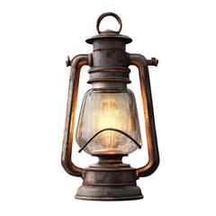 Old Rustic Lantern with Warm Light &ndash; Vintage Oil Lamp Isolated on Black Background

