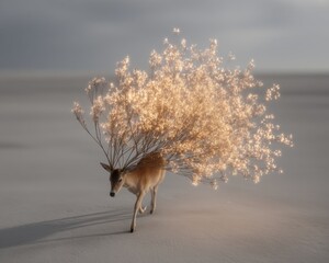 Virtual deer with glowing antlers roves in a dreamlike landscape fantasy art nature ethereal viewpoint