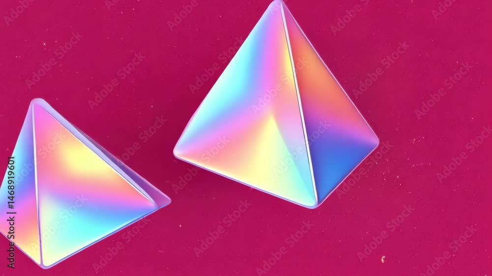 Poster two iridescent pyramids on a pink background with a soft shadow creating a modern abstract geometric