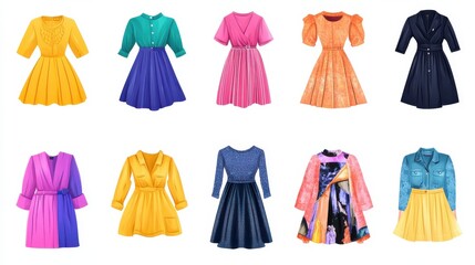 Women clothes design flat icons set. Beauty blogger, women apparel vlog, couture clothing. Fashion week, plus size models, fashion blog metaphors. Vector isolated concept metaphor illustrations. illu