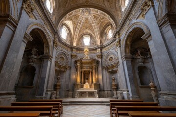 Fototapeta premium Serene Marble Chapel: Gilded Altar and Domed Ceiling