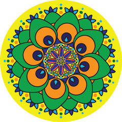 Decorative ornamental rangoli design in many colors. Unique beautiful mandala design made with rangoli colors.