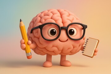Cute Cartoon Brain Character Holding Pencil and Notepad with Glasses