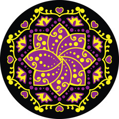Decorative ornamental rangoli design in many colors. Unique beautiful mandala design made with rangoli colors.