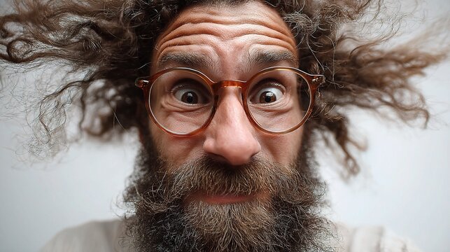 Bearded Man with Wild Haircut and Glasses Expressing Crazy Emotions