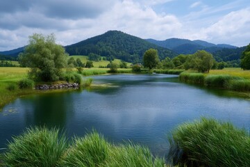 Fototapeta premium Serene Lake Reflecting Verdant Hills: A Picturesque Landscape