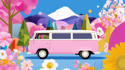 Fototapeta premium 3D whimsical retro rv vehicle bus car cartoon camping travel vacation illustration with mountains flowers romantic sunset rainbow colorful pink blue yellow gradient background