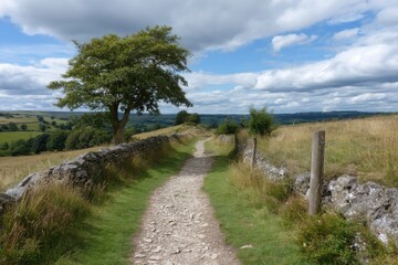 Countryside Path: Serene Stone Walls and a Verdant Tree