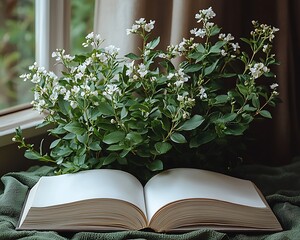 Open book with white blossoms and verdant foliage near a window.