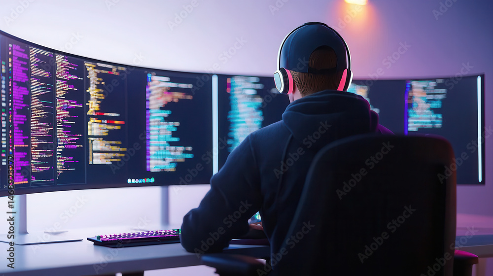 Poster focused individual is working on multiple monitors displaying colorful code, wearing headphones in m