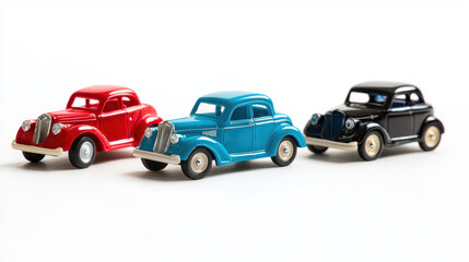 Fototapeta premium Classic toy cars in red, blue, and black colors, showcasing vintage design and craftsmanship. These miniature vehicles evoke nostalgia and charm
