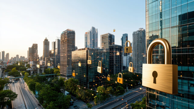 City skyline featuring modern skyscrapers with digital security locks symbolizing safety and protection. scene conveys sense of security urban