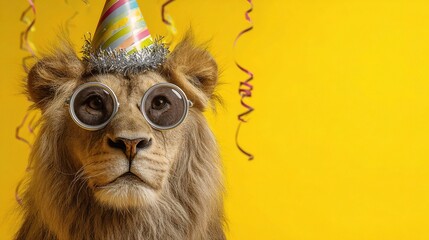 Cool Lion with Sunglasses and Birthday Hat at Fun Party Scene