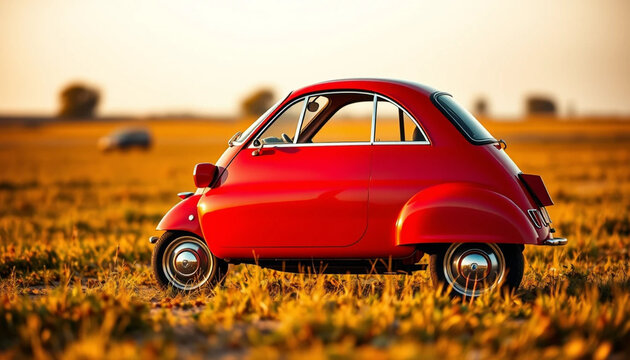 Red Microcar Parked in a Golden Field During Sunset - Transportation Theme
