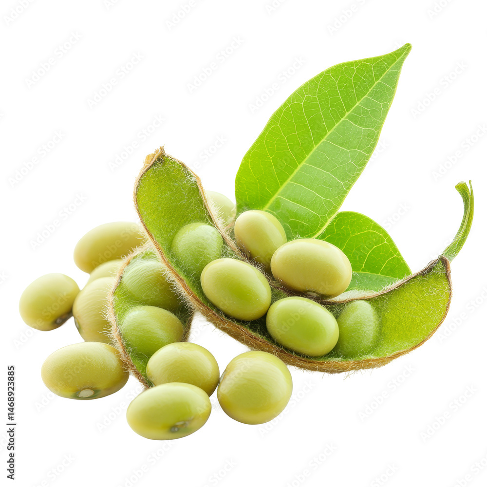 Poster fresh green soybeans with leaves isolated on a transparent background highlighting natural produce, 